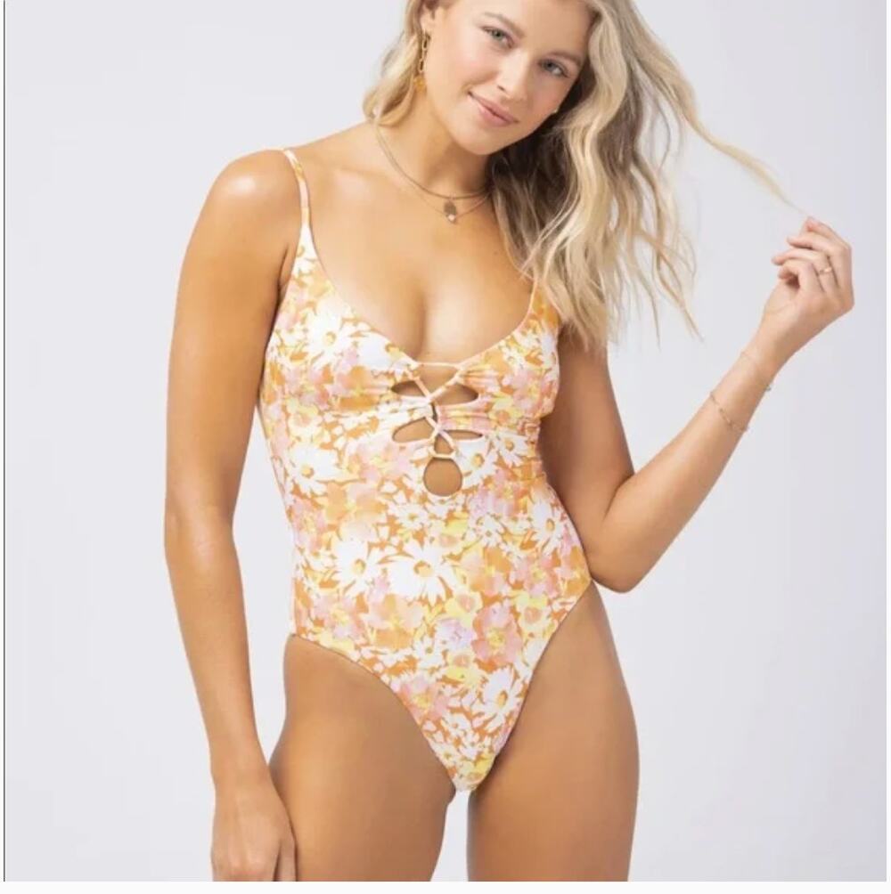 L SPACE Topanga Classic Floral One-Piece Swimsuit Brown Yellow